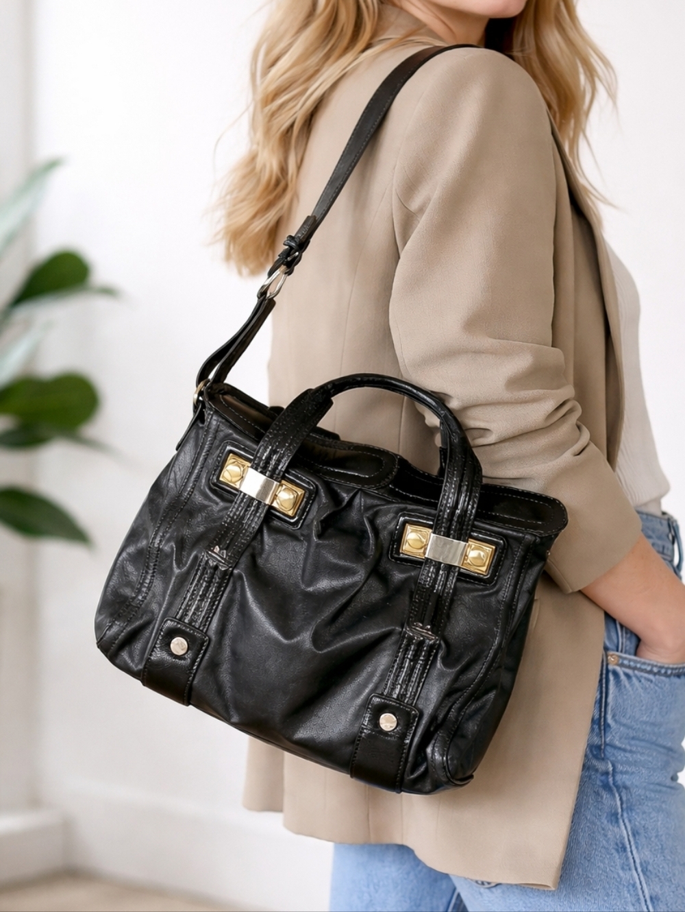 B Makowsky Black Leather Satchel Slouchy Shoulder Bag Leopard Lining Y2K